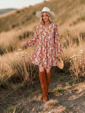 Boho Floral V-Neck Prairie Mini Dress Indie Cottagecore XL